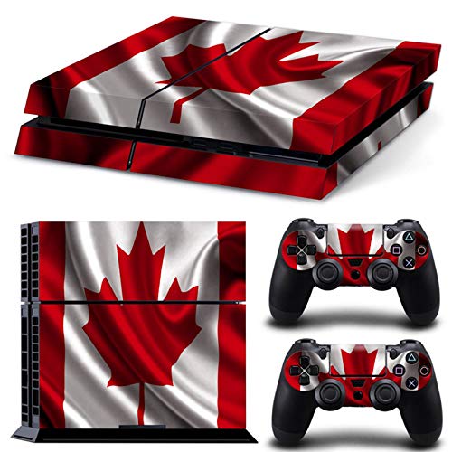 ZOOMHITSKINS PS4 Console and Controller Skins, Red Leaf Canada Flag White Canadian Banner Symbol Country, High Quality, Durable, Bubble-free Goo-free, 1 Console Skin 2 Controller Skins, Made in USA