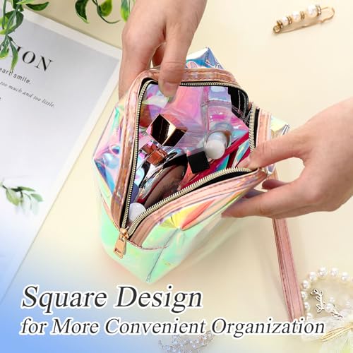 Dunzy 8 Pcs Holographic Iridescent Clear Makeup Bags with Zipper Travel Cosmetic Pouches with Wrist Loop Waterproof Toiletry Organizer Case Home Office Beach Pouch Purse Diaper Vacation Gift Bag(S)4