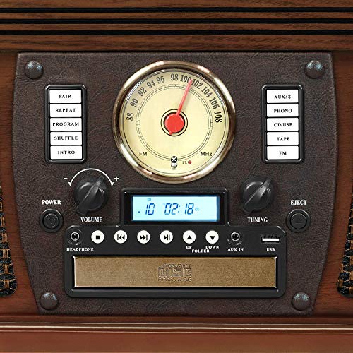 Victrola VTA-600B-ESP Navigator 8-in-1 Classic Bluetooth Record Player with USB Encoding and 3-Speed Turntable, Brown 