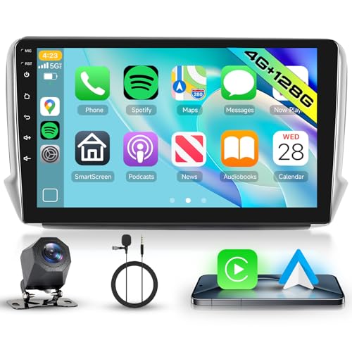Hodozzy 4G+128G Android Autoradio per Peugeot 208/2008 2012-2018 con Carplay Wireless Android Auto, 10 Pollici InCell Touch Schermo 2 Din Autoradio con GPS Bluetooth DSP WiFi, Radio FM RDS, Telecamera