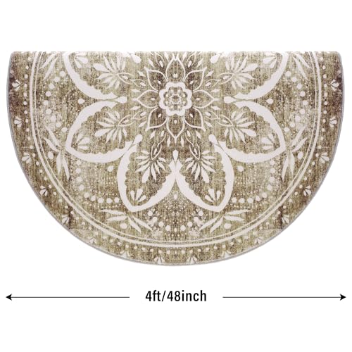 Image of Carvapet Round Rugs Vintage Circle Rug - Washable Non Slip Rubber Backing Foldable Low Pile for Living Room Bedroom, 4 ft Brown Rug