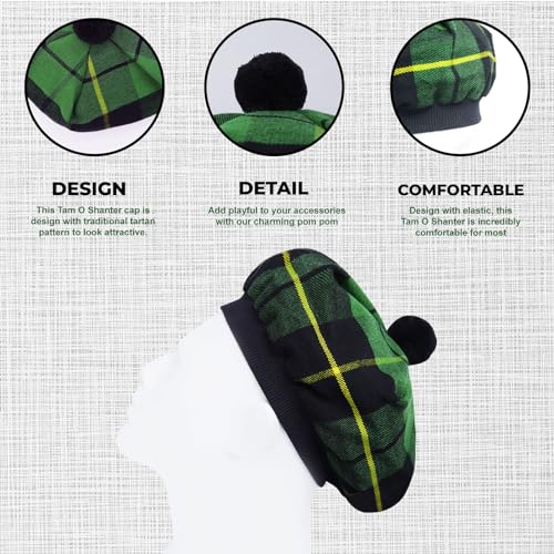 Image of Scottish Tam O' Shanter Hat Tartan Bonnet Pom Pom Wool Flat Cap One Size