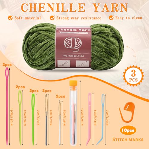 Image of LUNARM Chenille Yarn 3 Pack 3.5oz Chunky Blanket Velvet Yarn 263 Yard | Olive-Green Chunky Chenille Yarn for Beginners Crocheting Hand Knitting Scarves with Big Eye Needles Machine Washable