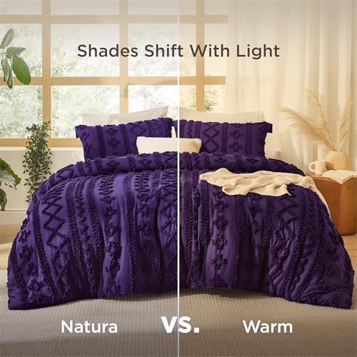 Bedsure Tufted Boho Comforter Set Queen Size - Purple Boho Bed Set, GentleSoft™ 3 Pieces Farmhouse Shabby Chic Embroidery Bedding, Gifts for Woman, Soft Jacquard Queen Comforter for All Seasons