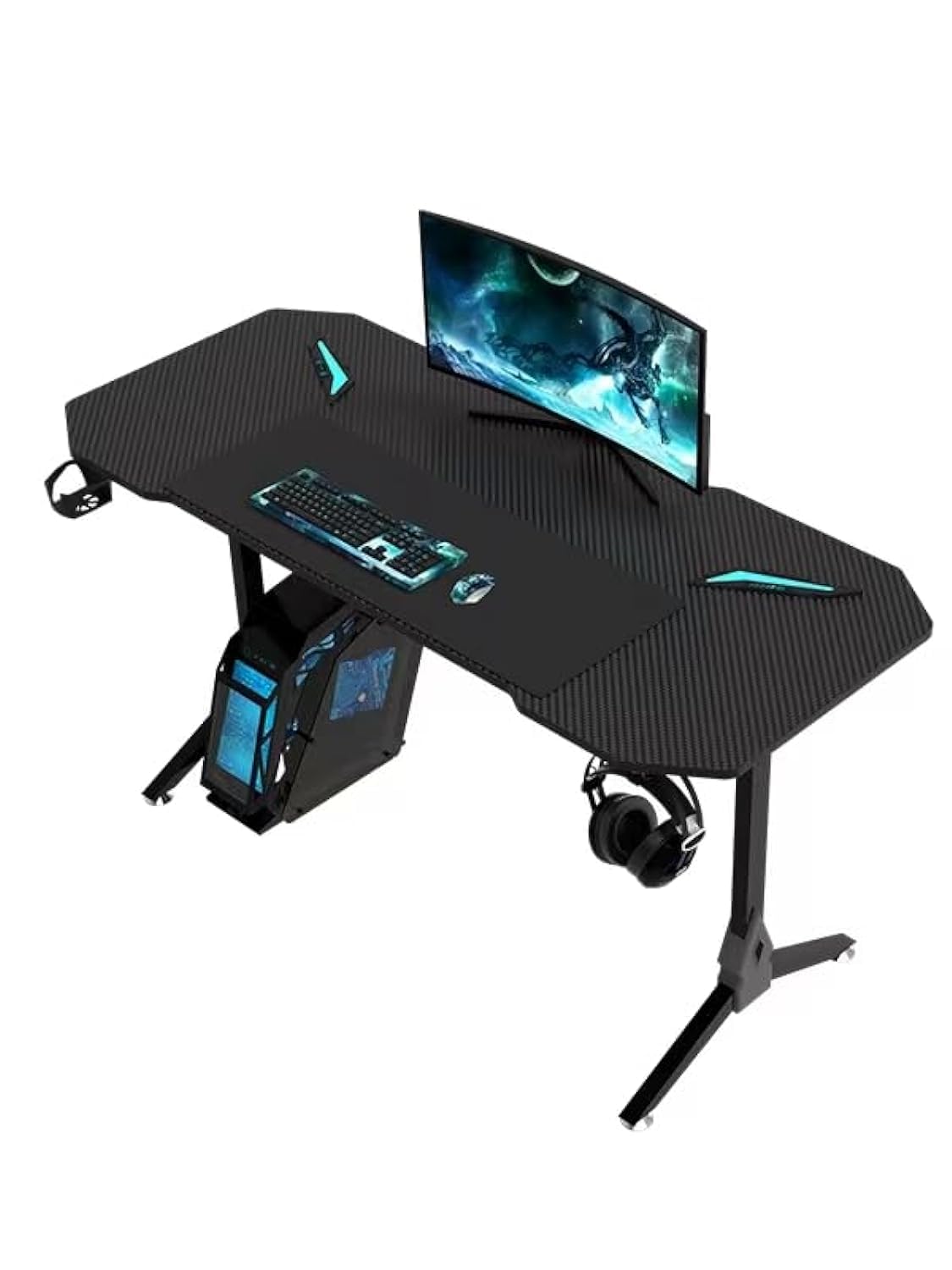 Gaming Desk with RGB Lights PC Computer Desk Y Shaped Gamer Home Office Computer Desk Table with Handle Rack Cup Holder & Headphone Hook (B type 140cm)