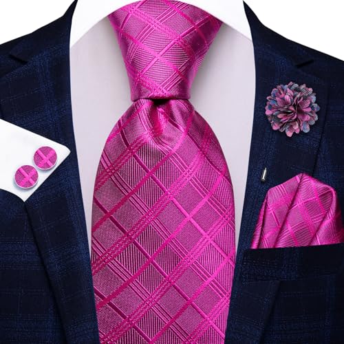 Image of Hi-Tie Mens Hot Pink Checkered Ties Set Classic Necktie Lapel Pin Pocket Square Cufflinks Sets Formal Business Wedding