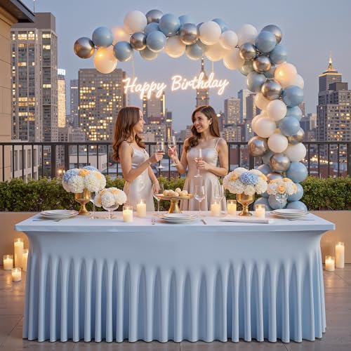 Image of Outpain Dusty Blue Spandex Table Clothes for 6 Foot Rectangle Tables-2Pack 6FT Spandex Fitted Table Cover, Wrinkle Free Tablecloths with Skirt for Parties, Wedding, Birthday, Banquet, Festival