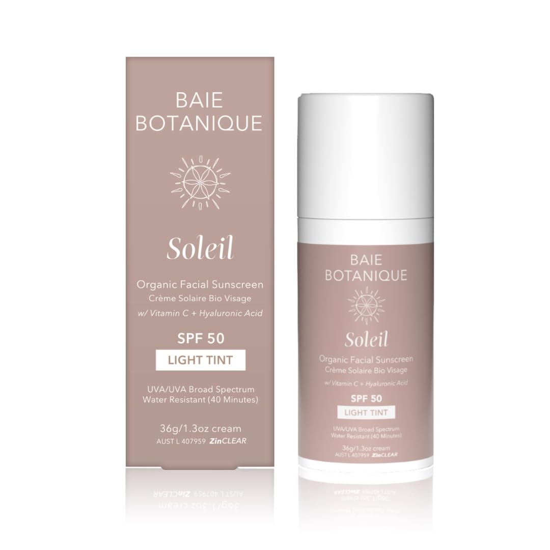 Baie Botanique Soleil Protector solar facial bio SPF 50 - Protector solar facial con vitamina C - Protector solar con ácido hialurónico para el rostro - Protector solar con tinte claro - 36g