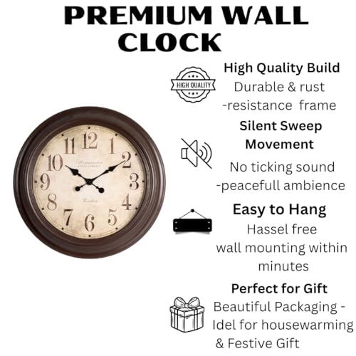 Image of Large Wall Clock - 30 Inch | Vintage Round Polyfiber Designer Clock with Brown Frame Big Clocks for Living Room, Bedroom & Home Decor (polyfibclk-numbaricbigwest-BRN)