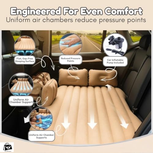 Image of DRUDRAYA Premium Car Inflatable Bed with Pump & 2 Air Pillow | Quick Inflatable Back Seat Bed | Car Inflatable Mattress | Car Bed for Kids, Travel, Camping, Picnic, Pool & Beach| Universal Fit (Beige)