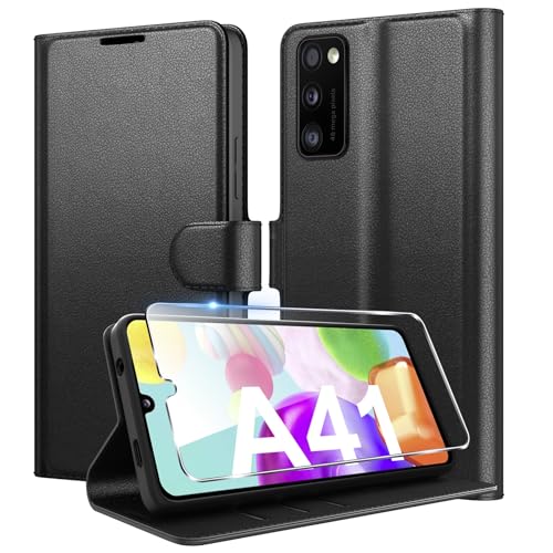 Eirltiy Coque pour Samsung Galaxy A41 en Premium Cuir PU, Portefeuille Housse Etui pour Cartes Protection Anti-Choc Flip Case avec 1 Verre Trempé Noir