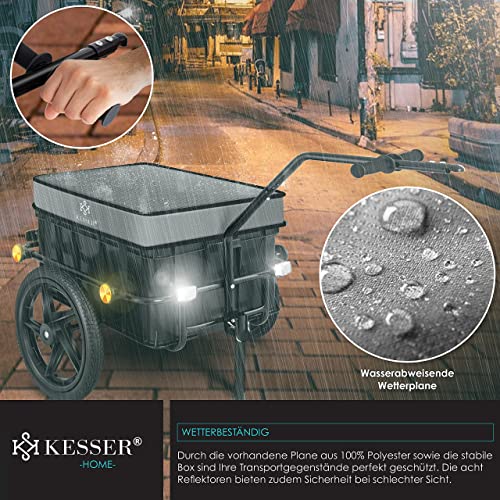 KESSER® Fahrradanhänger, Lastenanhänger, Handwagen mit Kupplung, Hochdeichsel, für Fahrrad Transportanhänger Transportbox mit 70 Liter Volumen, Max. 60kg, + Zubehör für Fahrräder mit 26-28, Grau
