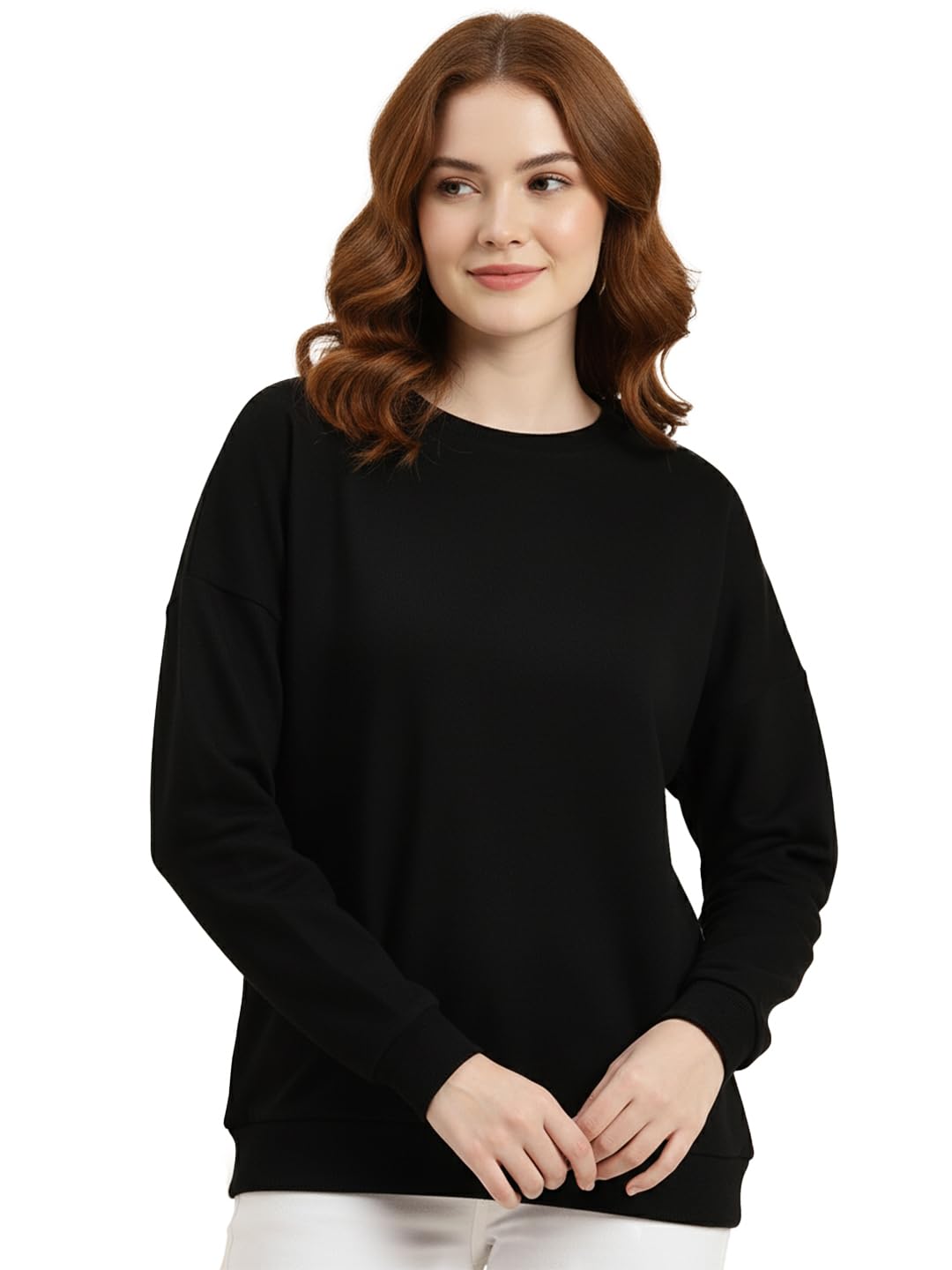 leotude Women's Full Sleeve Round Neck Loopknit Solid Sweatshirt for Women (Colour: Black)-picture-39