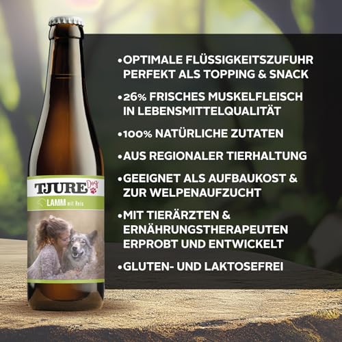 TJURE Hundesmoothie | Lamm & Reis | 6 x 320 ml | Flüssiges Ergänzungsfuttermittel für Hunde mit Frischfleisch & Gemüse | Getreidefrei | Laktosefrei | Glutenfrei | Made in Germany