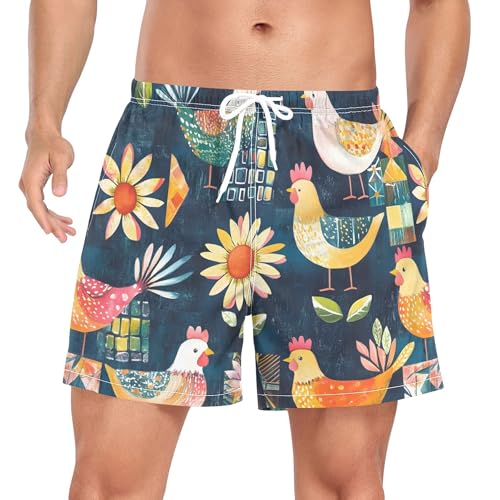 xigua Colorful Rooster Mens Swim Trunks with Liner, 5 inch Quick Dry Mens Boardshorts for Beach