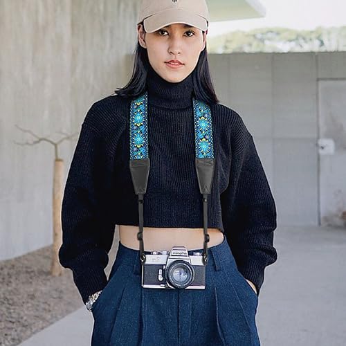 Image of Padwa Lifestyle Camera Strap - 2 inch Full Grain Leather Ends Camera Straps for Photographers, Vintage Embroidered Cotton Weave Soft Suede Fabric Padded Strap Quick Release fits All Cameras