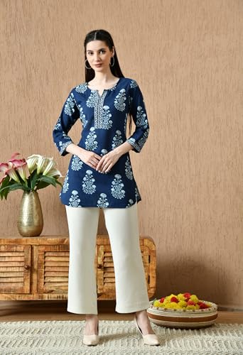 Image of Amazon Brand - Tavasya Women Floral Printed Round Neck Pure Cotton Regular Fit Kurti | Everyday & Office Wear Kurta | Modern Ethnic Top