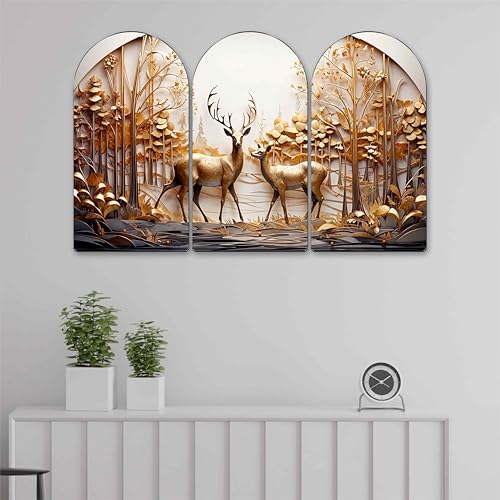 Image of Livin'luxe Golden Deer Couple Forest Arch Shape Wall Painting Set of 3 | Luxury 3D Textured Nature Art | MDF Panels for Living Room Bedroom Home Decoration (20 x 30 Inch) RPNS-35371