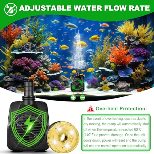 Image of 15W 800L /H Submersible Pond Fountain Pump with LED Lights, Ultra Quiet Water Pump, Pond Fountain Pumps for Small Pond, Garden, Aquarium, Fish Tank, Indoor Outdoor Fountain 3 Type Nozzle (Warm)