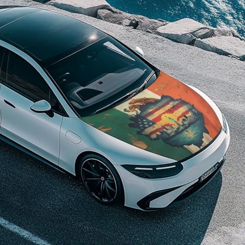Image of Mexican USA Flag Design Car Hood Cover Protector 59x39 inches Stretchable Auto Hood Wrap Blankets, Waterproof Automotive Accessories for SUV Sedans Trucks
