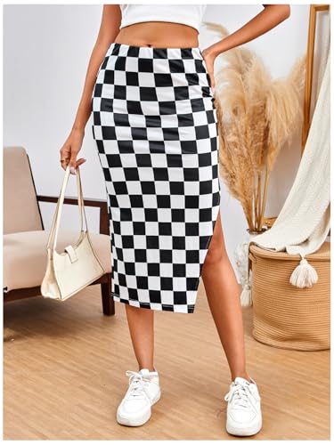 SOLY HUX Women's Plaid Checkered Skirts High Waisted Split Bodycon Casual Going Out Midi Skirt4