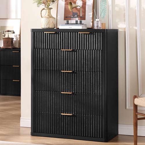 Image of LEYAOYAO Fluted 6 Drawers Dresser for Bedroom Set of 2, 42 inch Tall Modern Chest of Drawers with Metal Handle, Curved Profile Design,Black Wood Drawer Organizer for Bedroom, Living Room, Hallway