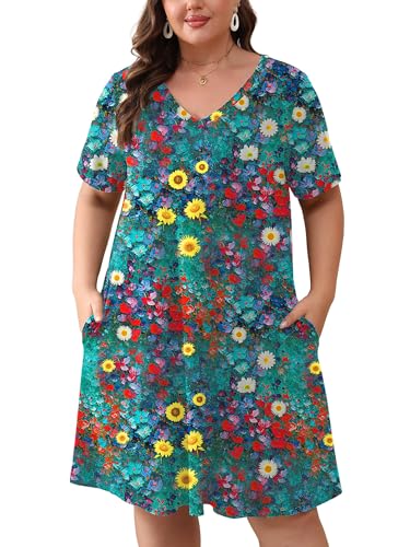 Image of AusLook Plus Size Midi Dress for Women Loose V Neck Short Sleeve Summer Casual A Line T Shirt Sundresses with Pockets 1X-5X