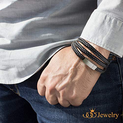 555Jewelry Stainless Steel Braided Double Wrap Leather Twist Rope Chain Cord Adjustable Magnetic Clasp Simple Men Women Unisex Fashion Jewelry Accessory Bangle Bracelet, Black & Silver 7.5 Inch - Image 3