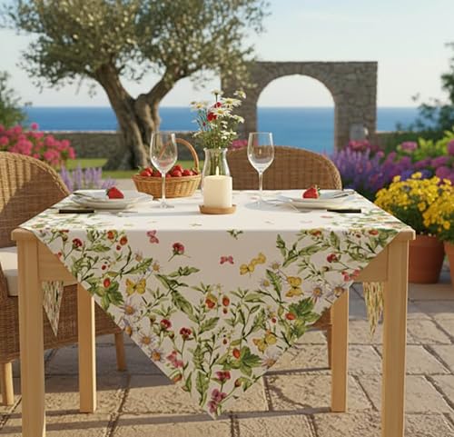 KAMACA Mitteldecke Wiesenblumen und Schmetterlinge 85x85 cm Tischdecke für Frühling und Sommer Florales Druck-Motiv für Garten Outdoor und Haus Waschbare Tischwäsche