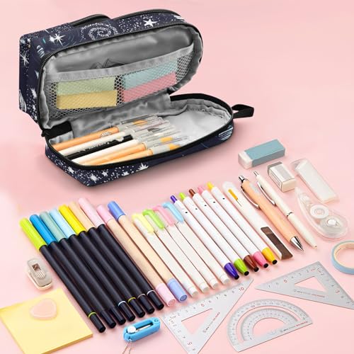 Image of ZAZYXTJ Space Standing Large Capacity Pencil Case 3 Compartment Pen Pouch Storage Canvas Makeup Bag for School Office Teen Girl Boy Men Women