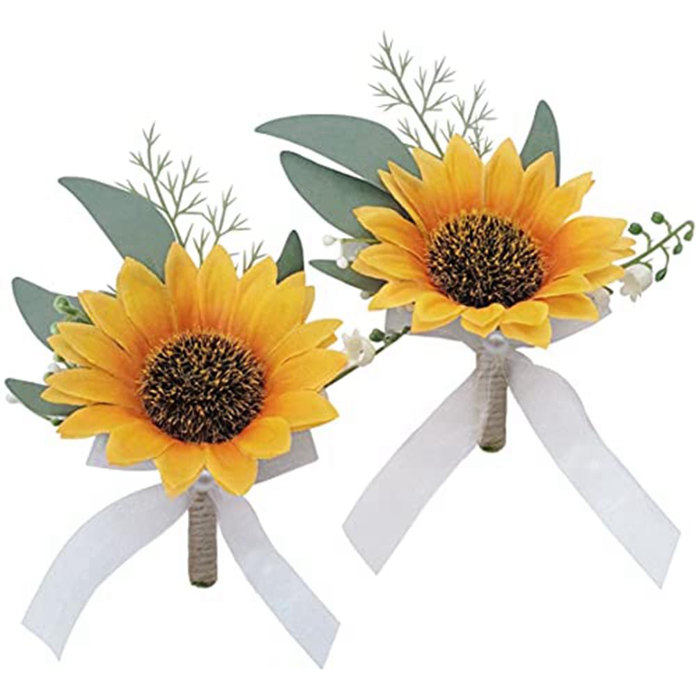 Hndhbfgrt Wedding Flower Corsage Set-2PCS Artificial Sunflower Boutonniere, Bride Groom Bridesmaid Formal Party and Vintage Wedding