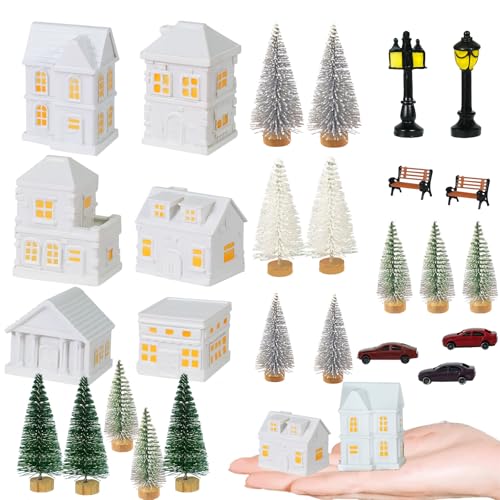 29 Pcs 1.5 Inch Christmas Miniature Houses Figurines Miniature White Resin Houses Christmas Miniature Village Set Christmas Miniature Town for Mini Christmas Scene Micro Landscape Decor