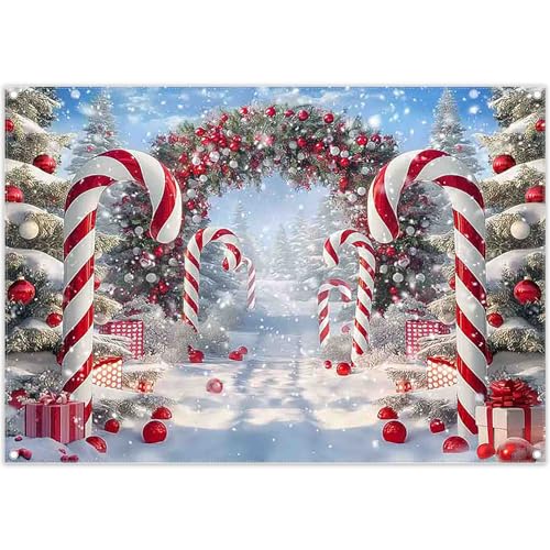 Luminora 7x5ft Red Candy Canes Christmas Arch Backdrop Christmas Tree Winter Snowy Forest Wonderland Background Holiday Birthday Decoration Party Photo Banner