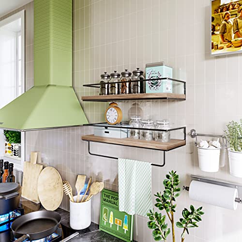 Image of Shario - Set of 2 Floating Shelves with Black Towel Bar Wall Hanging Decorative Storage Shelves for Bathroom, Kitchen, Living Room and Bedroom (Rustic Wood, Light Brown)