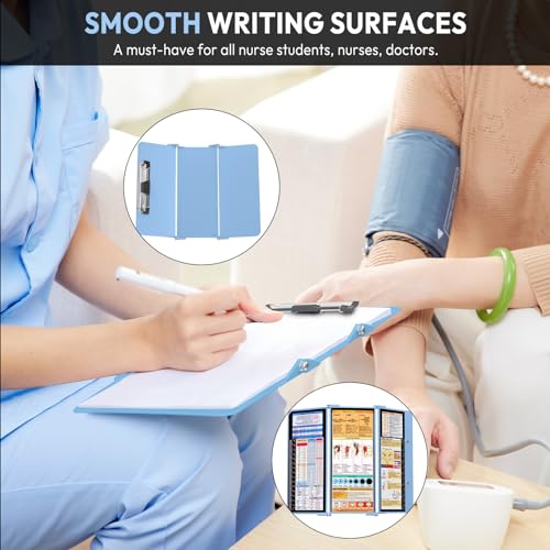 Image of Nursing Clipboard Foldable, Foldable Clipboard w /Nursing Edition Cheat Charts,3 Layers Aluminum, Nurse Clip Board w /Low Profile Clip&Pen Clip Pocket for Nurses and Doctors,Light Blue