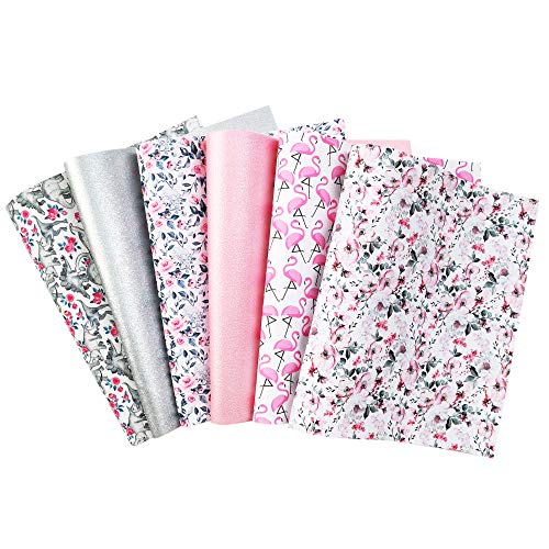 David Accessories Flamingo Floral Printed Faux Leather Fabric Sheets Vivid Pearl Light Solid Color 6 Pcs 7.7" X 12.9" (20 Cm X 33 Cm) For Diy Bows Earrings Making (Animal And Floral) #TOP3