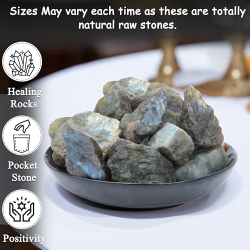 Crocon 1LB Labradorite Rough Bulk Natural Stone Raw Stone Tumbling Cabbing Polishing Mining Chakra Balancing Reiki Healing Good Luck Home Office Decor