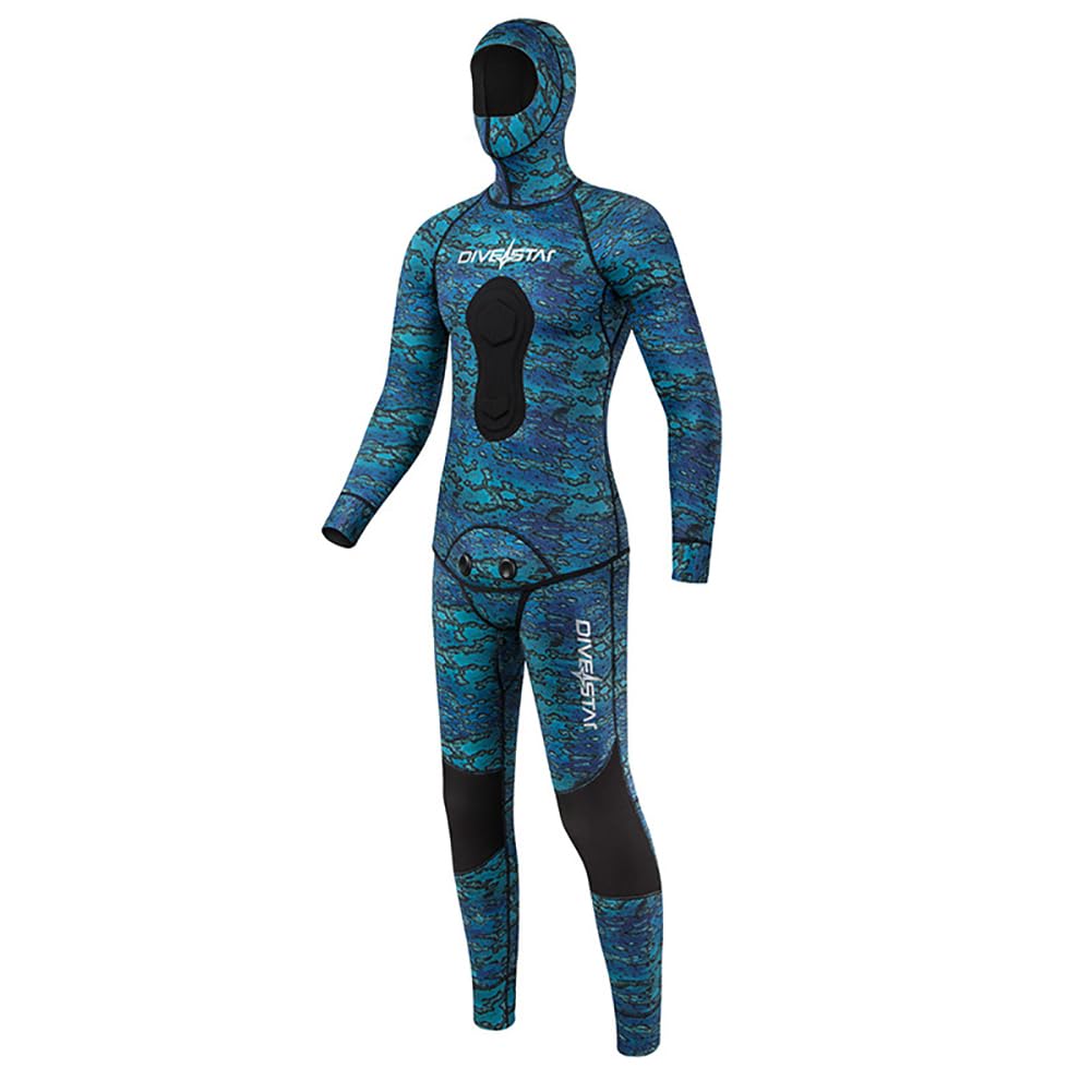 Muta da pesca subacquea in neoprene con cappuccio, 2 pezzi, mimetica, per caccia e immersioni, imbottitura sul petto, per apnea, snorkeling, nuoto in acqua fredda