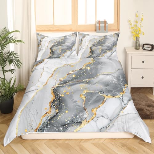 feelingyou Grey Marble Duvet Cover Set Double White Grey Gold Glitter Comforter Cover Abstract Stone Texture Bedding Set 3pcs for Kids Boys Teens Room Decor Marbling Bedspread with 2 Pillowcases - Image 3