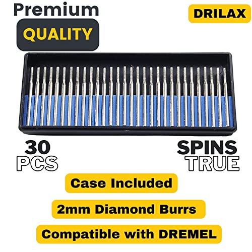 Drilax 2mm Diamond Drill Bit 30 Pcs Case Set Jewelry Beach Sea Glass Shells Gemstones Bur Standard Shank Compatible with Dremel Burr Lapidary - Image 3