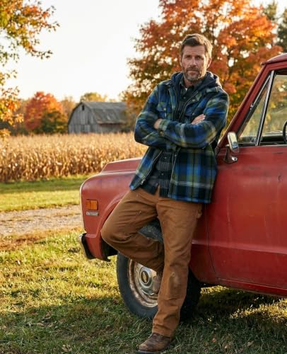 Image of ZENTHACE Men's Quilted Lined Hooded Plaid Jacket,Zipper & Snap Closure