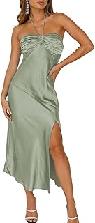 2024 Summer Satin Tube Tops Slit Wedding Guest Dress for Women Elegant Sexy Strapless Halter Neck Midi Dresses