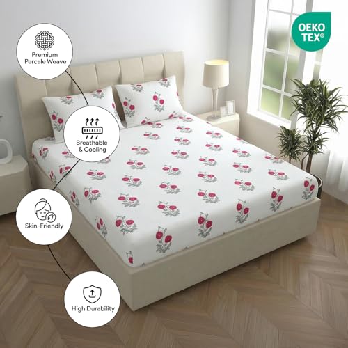 Image of LINENWALAS 100% Cotton 210 TC Double Fitted Sheet with Pillow Cover | 360 Elastic Bedsheet with 14 inch Deep Pocket - Soft Breathable Bedding (72x72 inch, Ruby Flora)