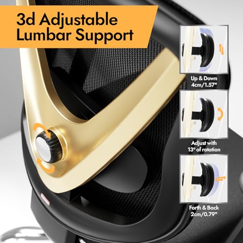 Image of HOLLUDLE Ergonomic Mesh Office Chair - 3D Adjustable Lumbar Support & 3D Armrests, V-Shaped Back, Adjustable Desk Chair for Office & Home, Black and Gold