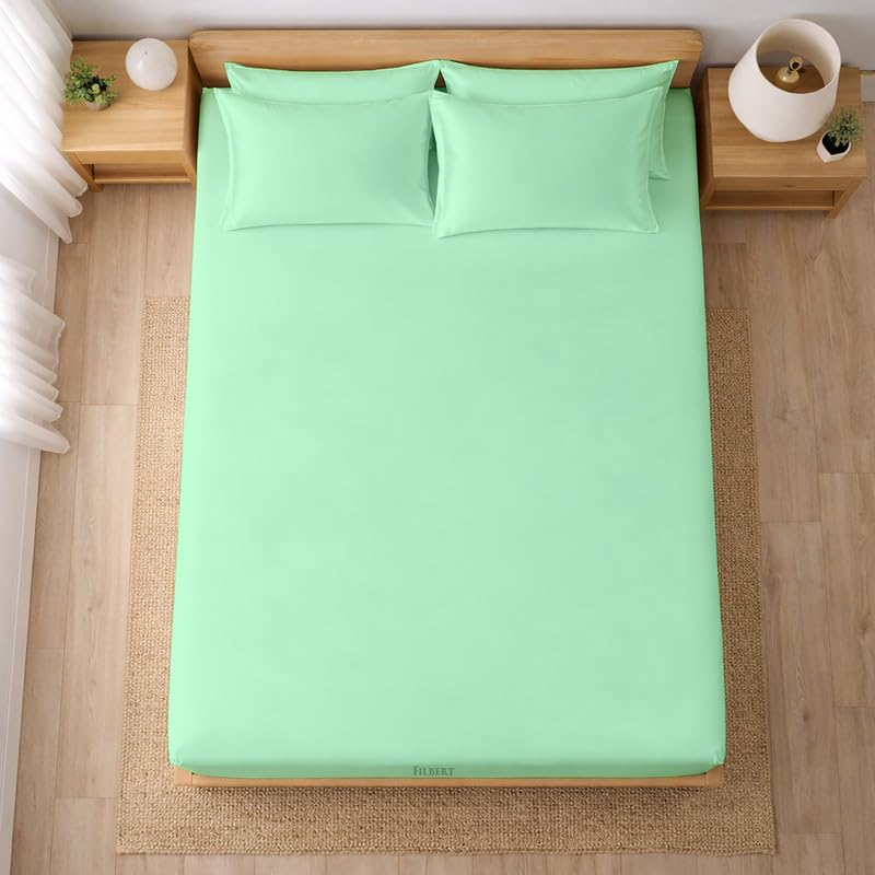 Image of Filbert - Premium Satin Fitted Bedsheet King Size (72x78 Inch) with 2 Pillow Covers | Hypoallergenic Breathable | Hair and Skin Friendly, Women Gift Choice|Aqua Green