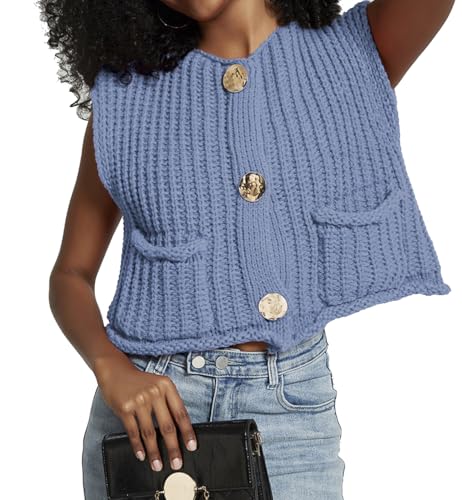 Image of Women's Sleeveless Crochet Cardigan Vest Casual Fashion Button Down Open Front Sweater Vest with Pockets