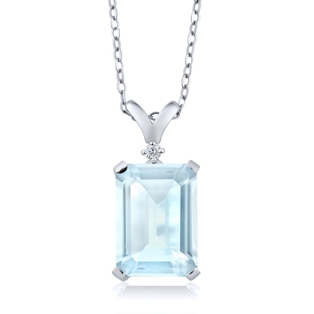Gem Stone King 925 Sterling Silver Sky Blue Topaz and White Diamond Pendant Necklace For Women (9.37 Cttw, Emerald Cut 14X10MM, with 18 Inch Silver Chain)