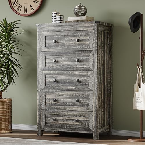 Image of BORNOON Tall 5-Drawer Dresser, Modern Wooden Storage Chest of Drawers, Dresser TV Stand, Wood Drawer Organizer with Metal Handles for Bedroom, Living Room, Hallway