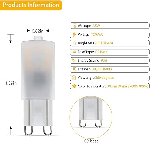 Miniatura 2 de Cheopha Bombillas LED G9 de 2.5 W 25 W equivalente a 2700 K 3000 K, luz blanca cálida suave G9 bi pin base para lámpara colgante lámpara de mesa