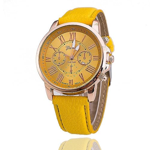 Generico Mode hommes et femmes montres double face faux trois yeux échelle de chiffres romains analogique montre en cuir décontracté à quartz, jaune